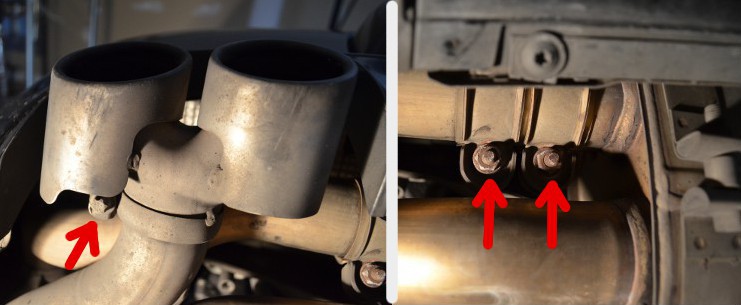 Remove both exhaust tips and loosen the side mufflers from the center muffler