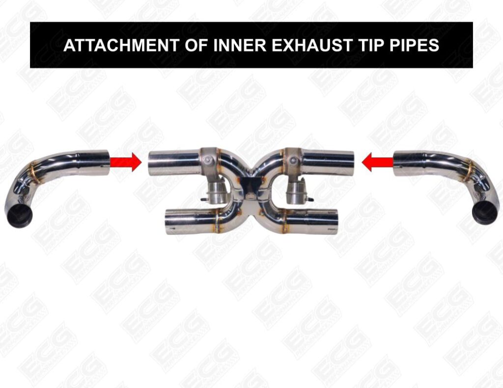 Install the inner exhaust tip pipes onto the center muffler section as shown.